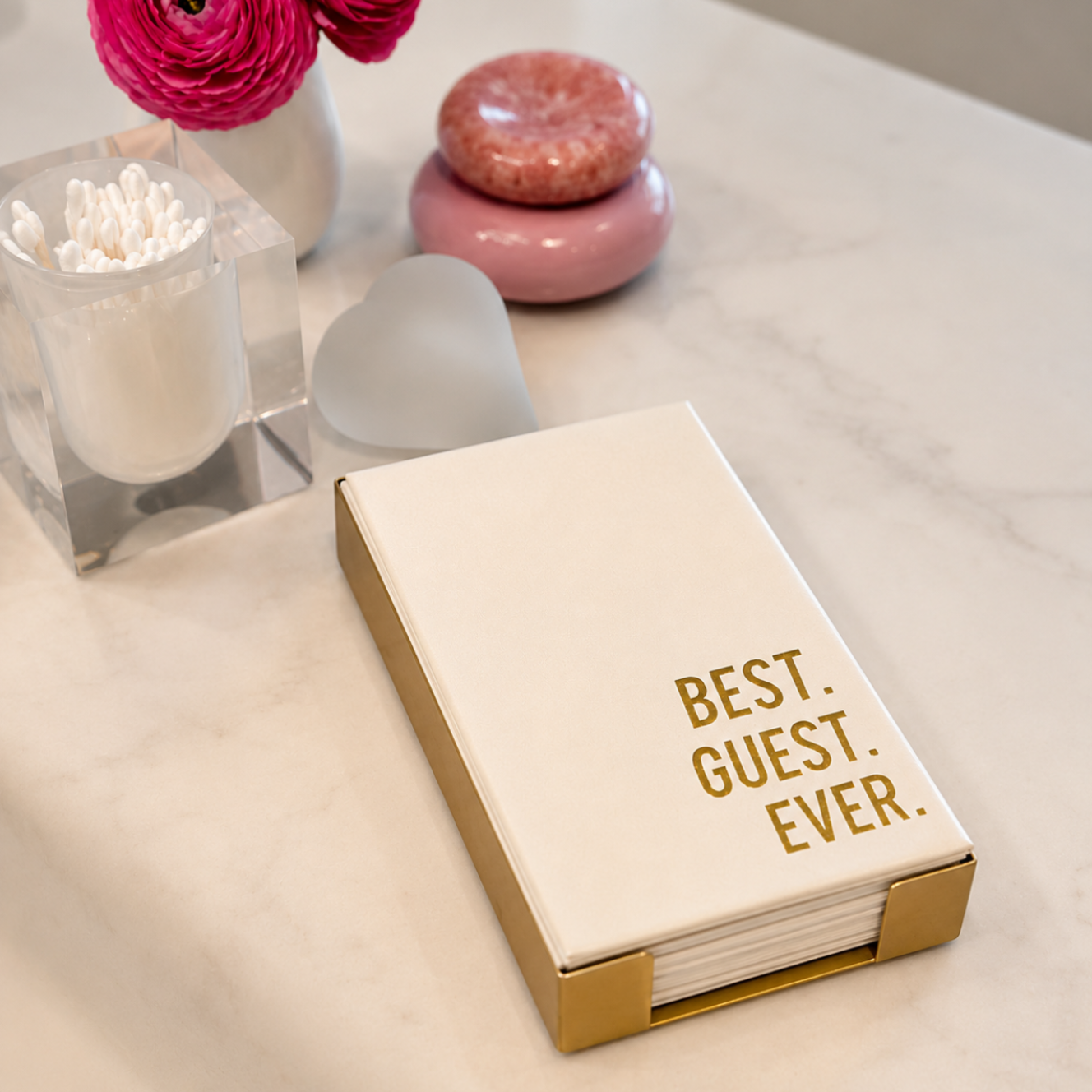 Brass Guest Towel Holder with "Best Guest Ever" Towels