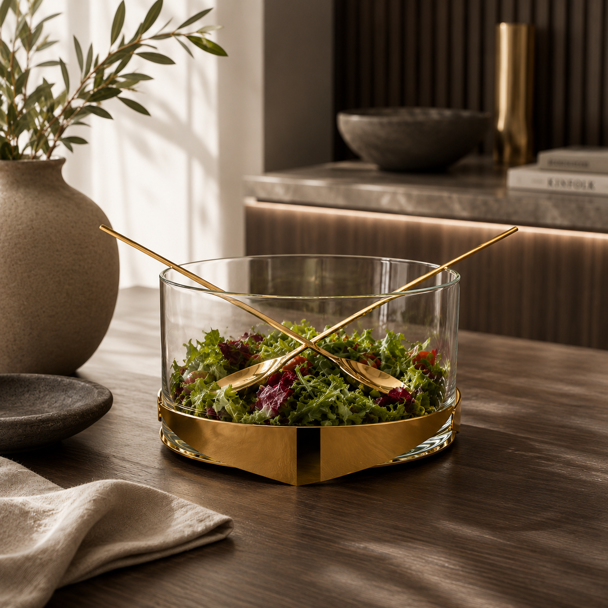 24K Gold Plated Salad Bowl w/ Servers