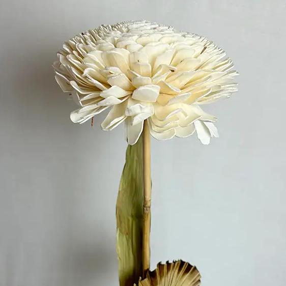 Faux White Dahlia Stem with Palm Leaves